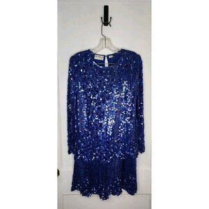 Vintage Scala Silk Sequin Beaded Skirt Shirt Top Blouse Set Suit Sz Small Blue